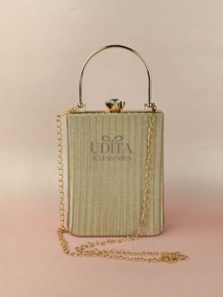 Gold Textured Pleated Top Handle Party Clutch